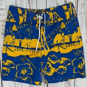Beach Rays Hawaii Print Board Shorts Men’s 36 Yellow Blue Vintage Surf